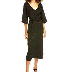 GANNI Jacquard Belted V-Neck Cross Back Black Midi Dress